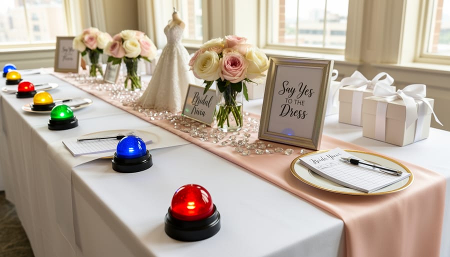 Bridal-themed game table with buzzers and a score display, decorated with gold and blush accents