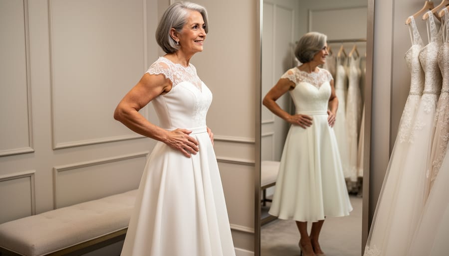 Mature bride trying on a tea-length wedding dress in a bright bridal fitting room