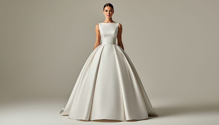 Bride wearing a minimalist ball gown with unembellished satin in a ballroom setting