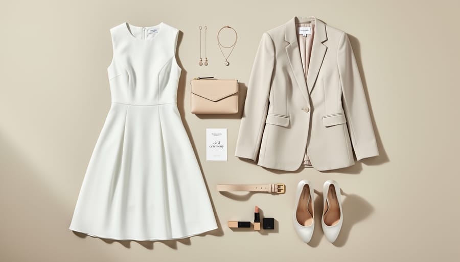 Close-up flat-lay of a minimalist slip wedding dress with wedding shoes and a shawl on a neutral background