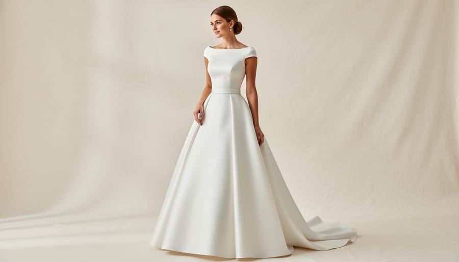 Full-length view of a modern A-line bridal dress with bateau neckline in mikado fabric