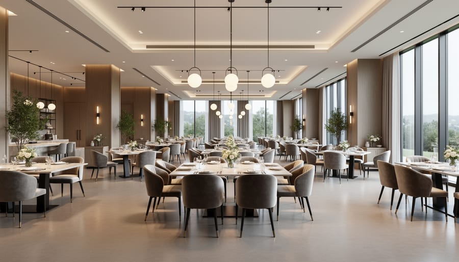 Modern indoor wedding reception setup with elegantly styled tables and large windows