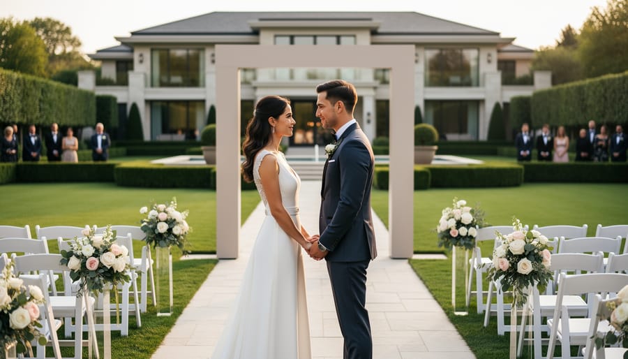 Wedding couple walking toward an outdoor ceremony area with manicured lawn and modern venue features in the background
