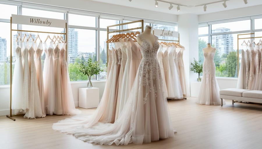 Bohemian wedding dress on a rail inside a Vancouver bridal boutique with soft window light