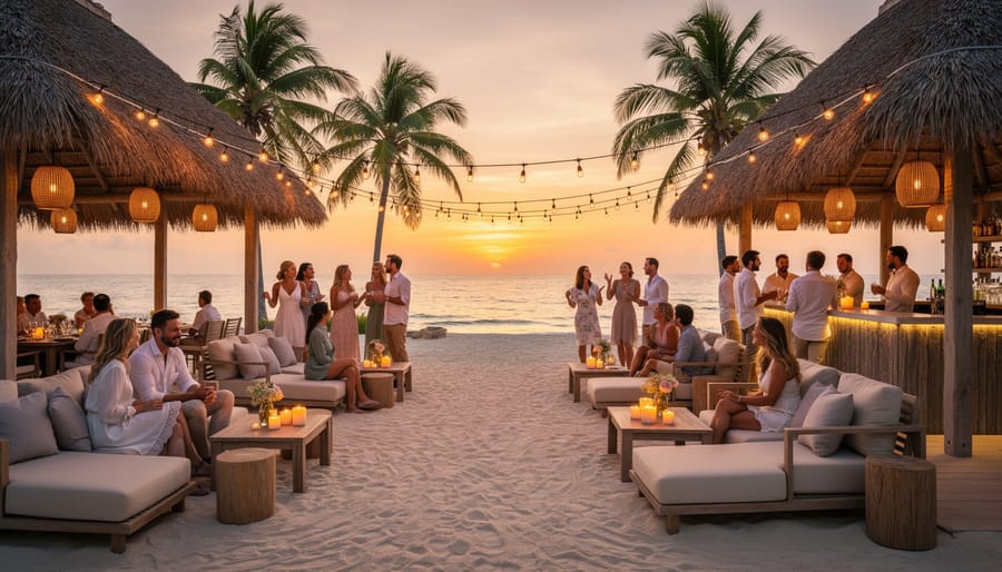 Couple celebrating at an oceanfront beach club wedding with palapa shade and string lights