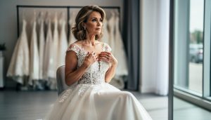 Mature bride-to-be trying on an elegant lace A-line wedding dress in a bridal salon with softly blurred hanging dresses in the background.