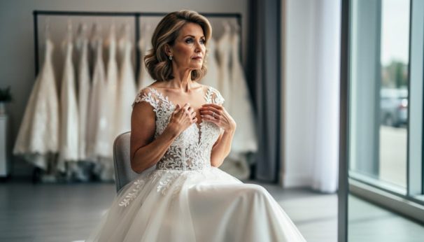 Mature bride-to-be trying on an elegant lace A-line wedding dress in a bridal salon with softly blurred hanging dresses in the background.