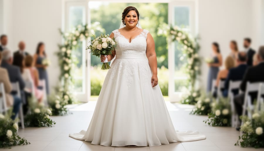 Mature plus-size bride wearing an A-line wedding gown outdoors holding a bouquet