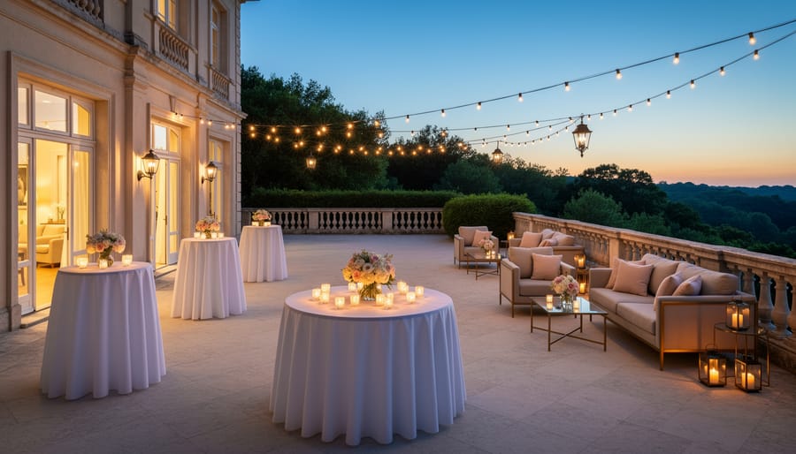Candlelit dining setup on a private villa terrace with coastline and city lights view at dusk
