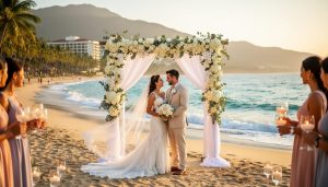 Newlyweds stand under a white floral wedding arch on a Puerto Vallarta beach with the turquoise ocean and palm trees in the background.