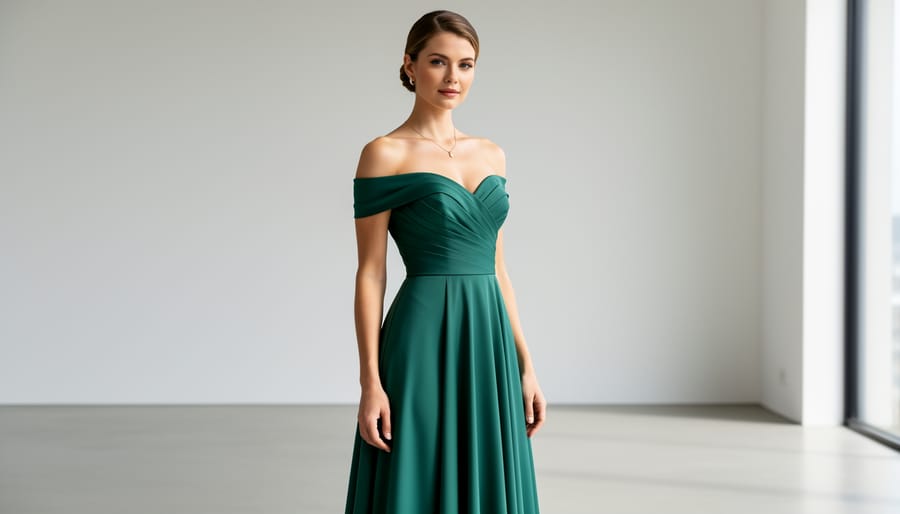 Bridal model wearing a refined off-shoulder wedding dress with minimal draping
