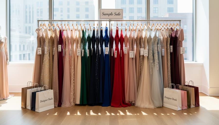 Curated wedding dress rack with multiple gowns displayed in a bright bridal shopping space