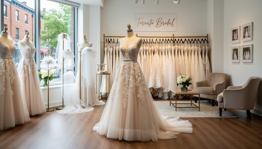 Mannequin wearing a satin Watters-style wedding dress displayed inside a Toronto bridal boutique