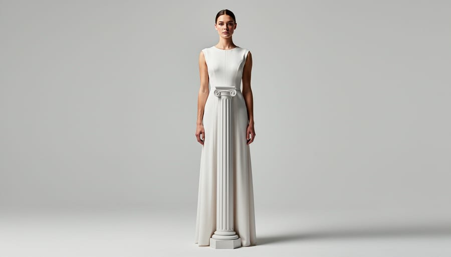 Bridal model wearing a sculptural column wedding dress with architectural seams