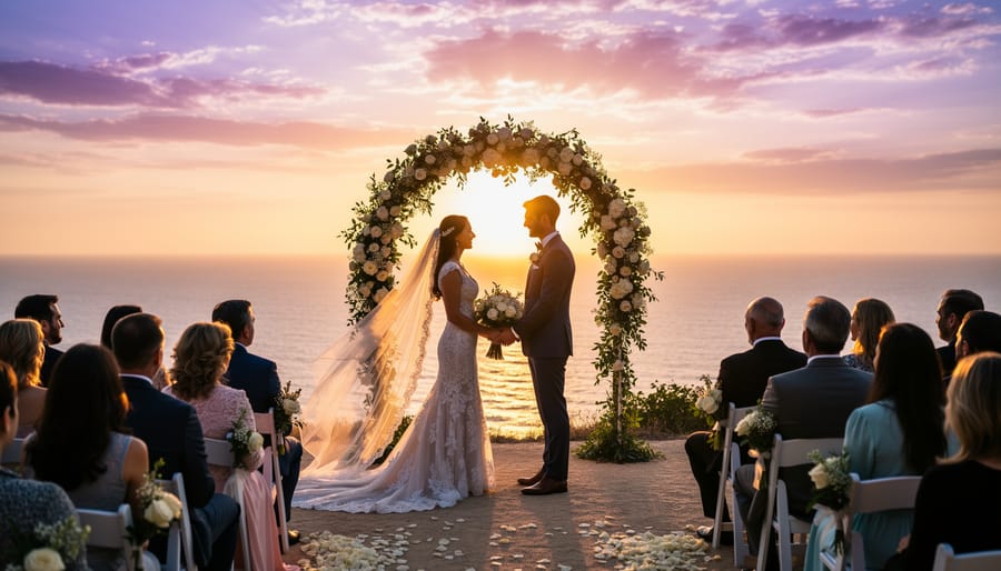 Bride and groom standing together on a terrace during sunset with warm backlight