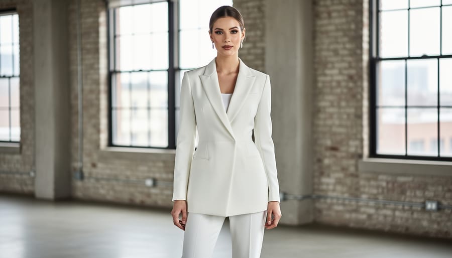 Bride wearing a tailored bridal jumpsuit or pantsuit in an elegant indoor setting