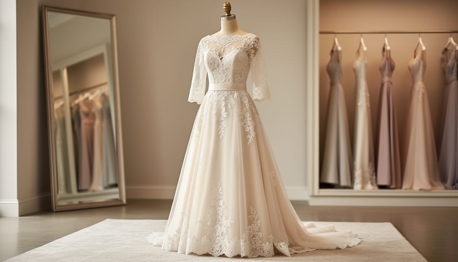 Vintage-inspired wedding gown on a hanger in a boutique with warm light