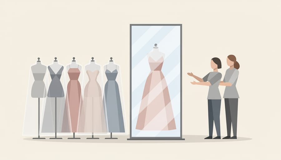 Bride-to-be silhouette reflected in a mirror with garment-covered wedding dresses in a boutique