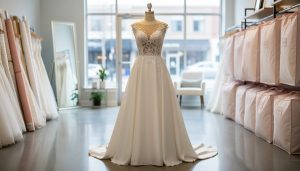 An elegant lace wedding gown on a mannequin inside a bright bridal boutique, representing authorized Watters retailers in Canada.