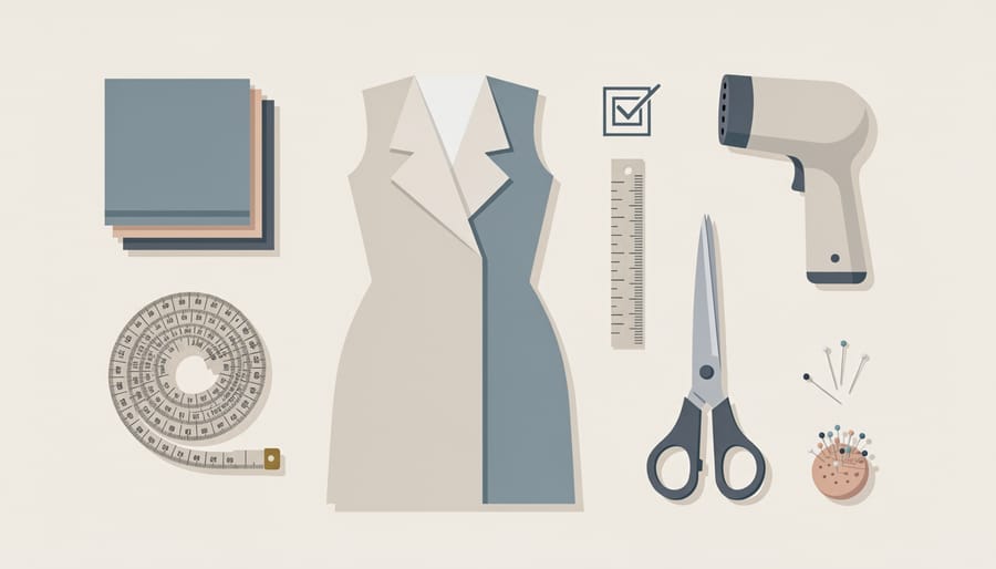Wedding dress laid on a white worktable with measuring tape and garment care tools
