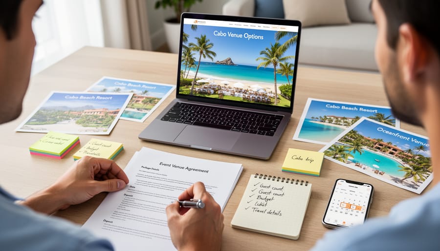 Wedding couple and planner reviewing destination wedding documents on a table with ocean-inspired décor in the background