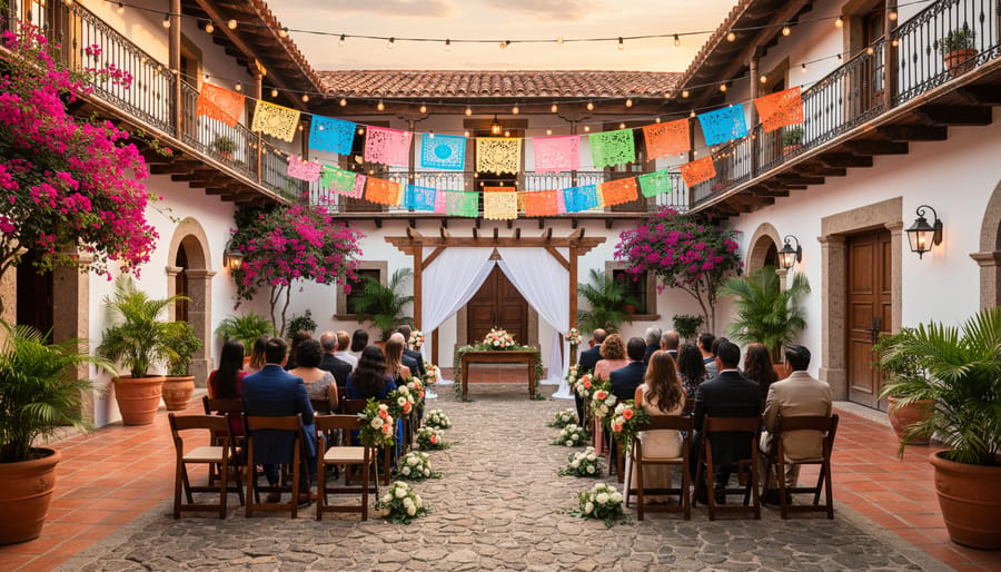 Historic courtyard wedding setup in Zona Romántica with arched stucco walls and flowering plants
